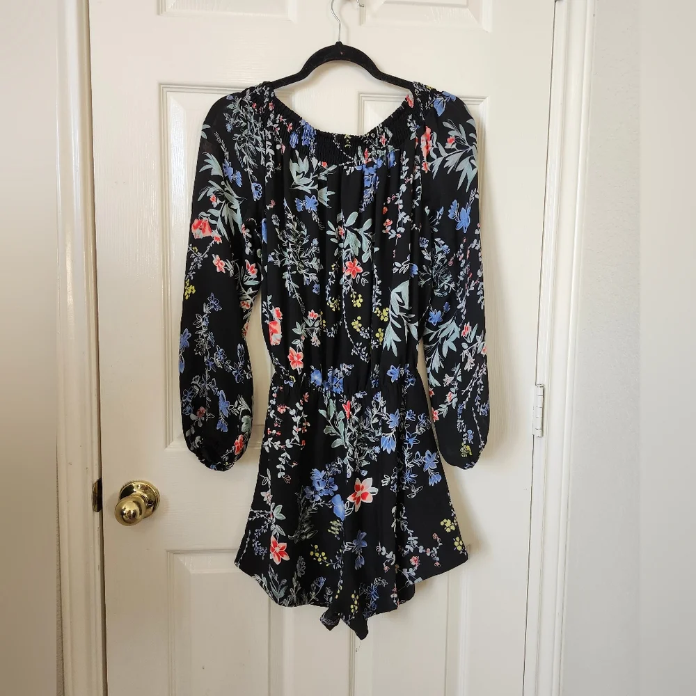 Parker Navy Blue Floral Long Sleeve Short Romper S